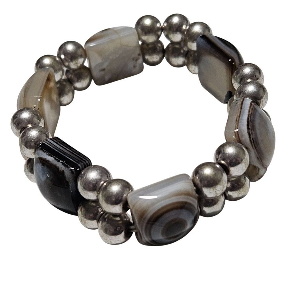 Elegant Agate Chunky Beaded Stretch Bracelet Silver Tone Fashion Jewelry Women